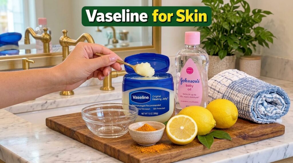 Ingredients for a DIY skin treatment laid out on a wooden cutting board including an open tub of Vaseline a hand scoopin