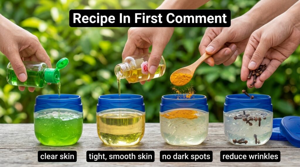 A four-panel grid showing hands adding natural ingredients like turmeric and cloves into small jars of petroleum jelly r