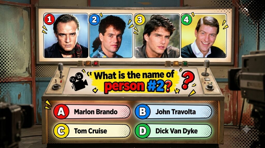 A retro-themed quiz showing four black and white headshots of classic male celebrities with person 2 highlighted for ide