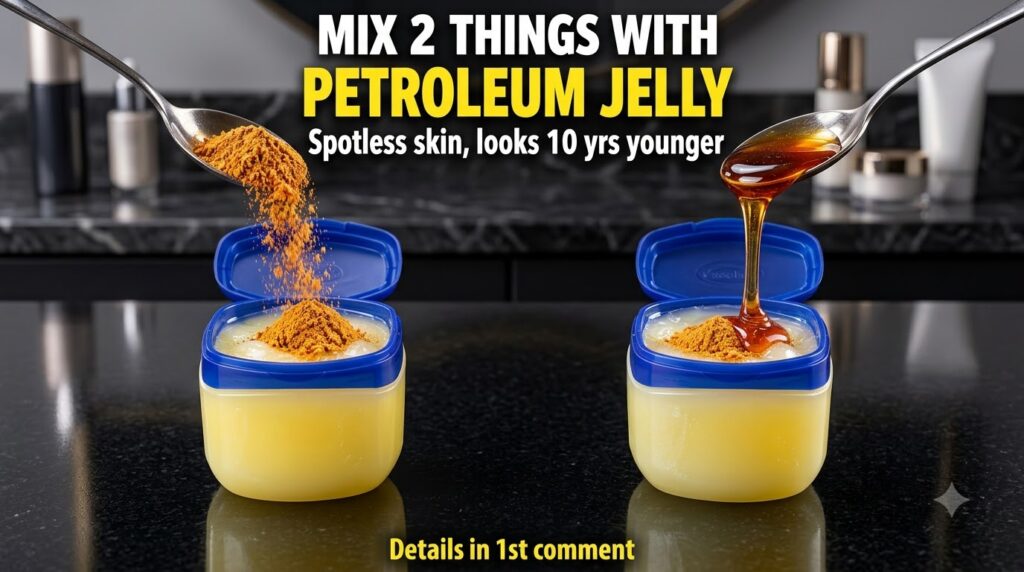 A close-up of two open tubs of petroleum jelly A silver spoon pours a granular orange-brown powder into one tub and anot