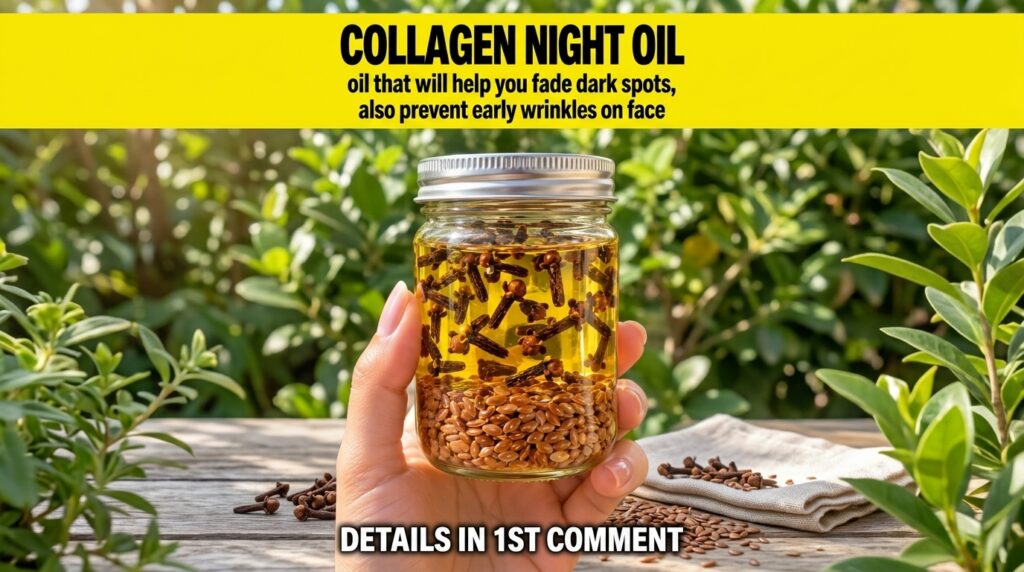 A close-up of a hand holding a small clear glass jar containing golden-yellow oil with brown clove buds and flax seeds T