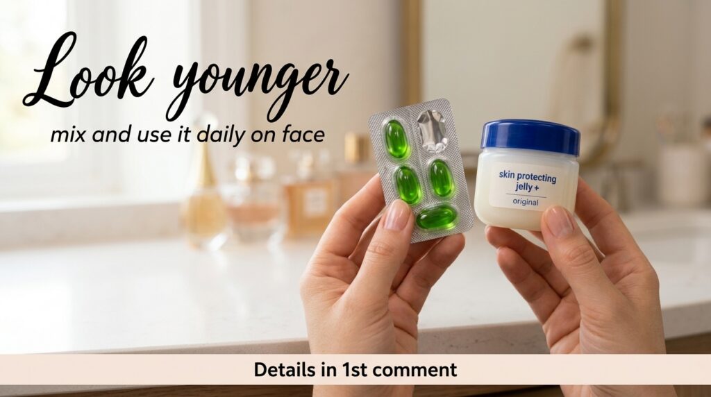 Hands holding a blister pack of green gel capsules and a small jar of Vaseline with text overlay Look younger mix and us