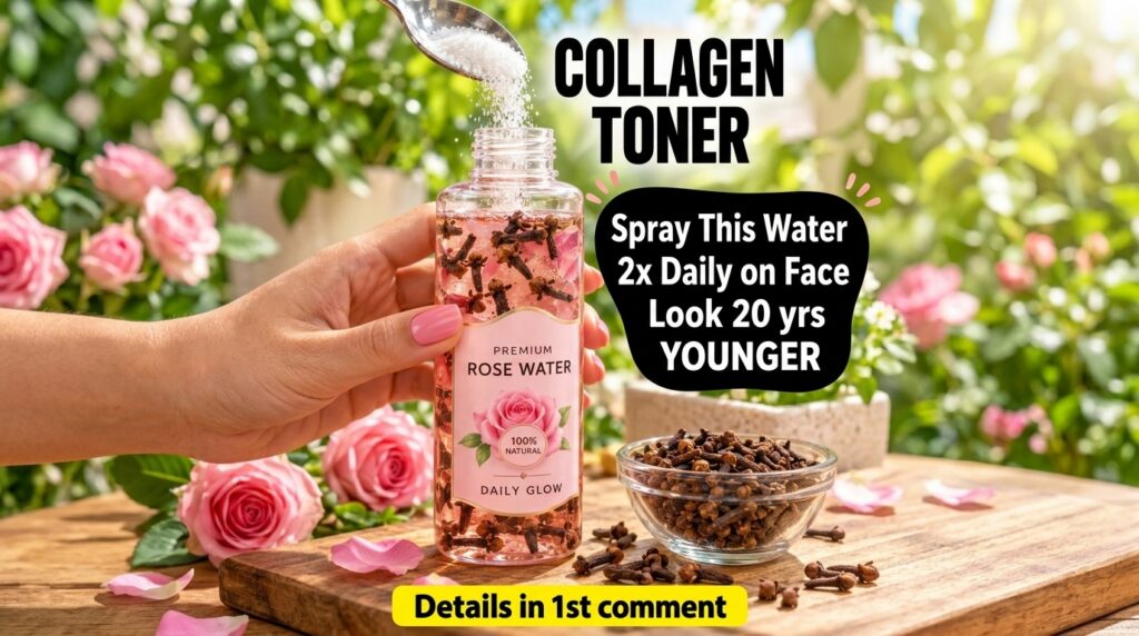 A hand holding a bottle of rose water and cloves with a spoon pouring a white powder labeled COLLAGEN TONER into it surr