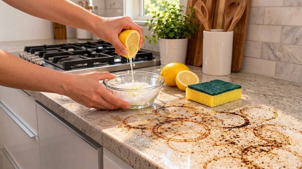 A person s hands squeezing a fresh lemon with juice dripping into a glass bowl containing white salt granules The scene 