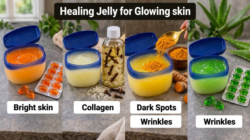 A four-panel grid collage showcasing various DIY Vaseline beauty hacks The panels include Vaseline with orange capsules 