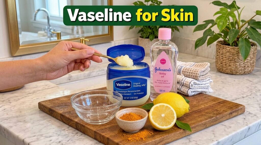 A flat lay of skincare ingredients on a wooden board including an open tub of Vaseline with a spoonful whole and half le