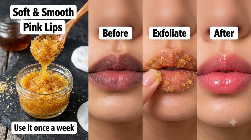 A collage showing a golden-hued sugar and honey lip scrub on one side and a three-panel transformation of lips from dry 