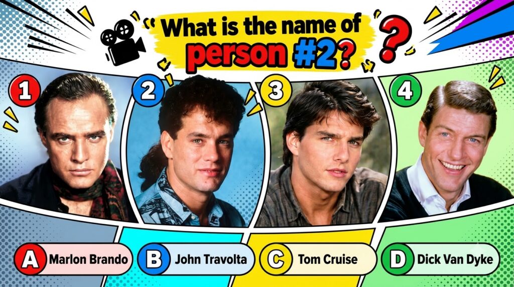 A quiz image showing four classic Hollywood actors with one highlighted as person 2 for identification