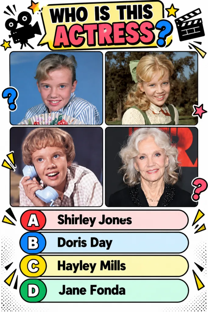 A multi-panel quiz image showing Hayley Mills at different ages with multiple-choice options