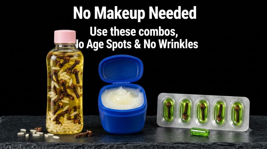 A flat lay image showing a bottle of baby oil infused with cloves and rice an open tub of Vaseline and a blister pack of