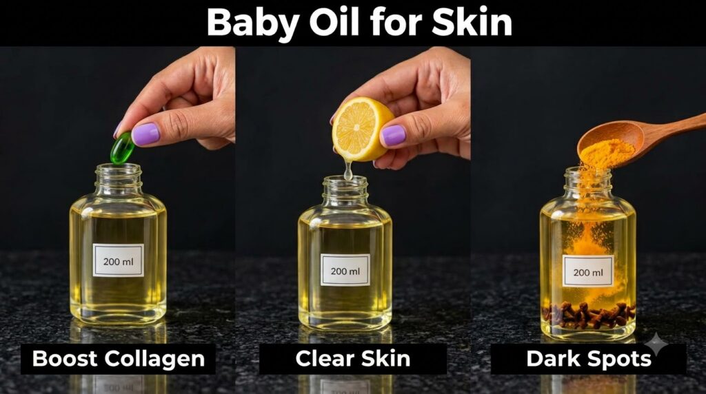 A triptych showing hands preparing DIY baby oil serums one adding a collagen capsule for Boost Collagen another squeezin