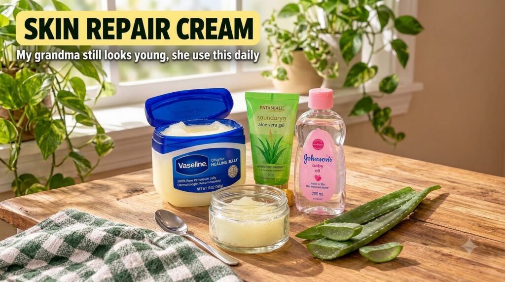 Ingredients for a homemade skin repair cream on a wooden table an open tub of Vaseline a tube of aloe vera gel a bottle 