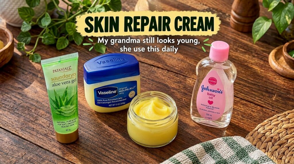A flat lay arrangement of skincare products on a wooden surface featuring Vaseline petroleum jelly a bottle of Vitamin E