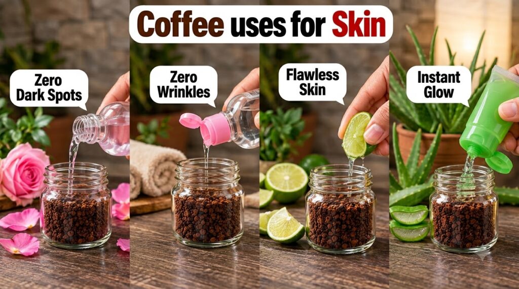 A collage of four panels showing different natural ingredients like rose water baby oil lime juice and aloe vera gel bei
