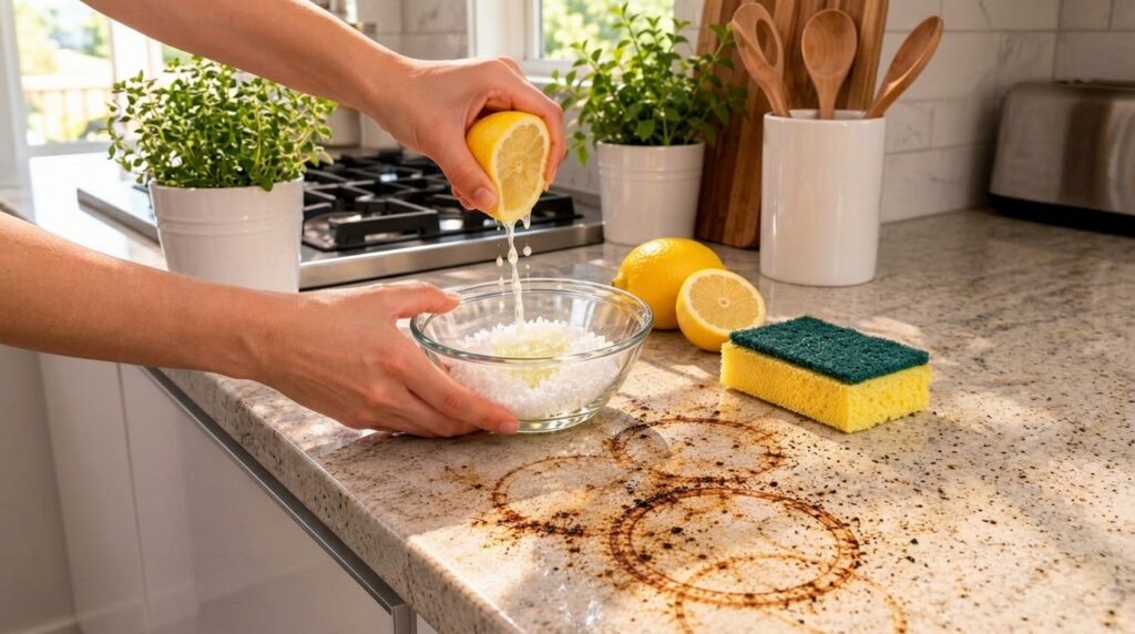 Hands squeezing a fresh lemon with juice dripping into a bowl of baking soda on a sunlit kitchen counter with stains
