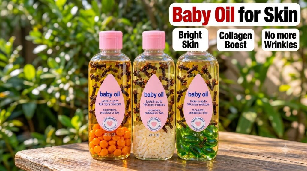 Three clear plastic bottles of baby oil each infused with different natural ingredients like rice grains cloves and perh