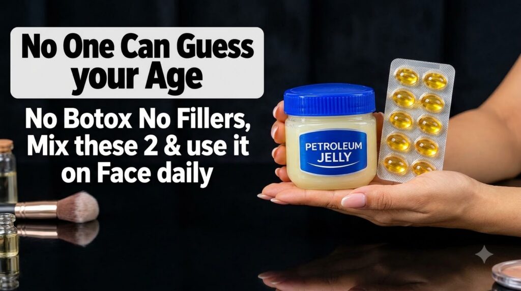 A hand holding a small jar of petroleum jelly and a silver blister pack of vitamin E capsules with text emphasizing anti