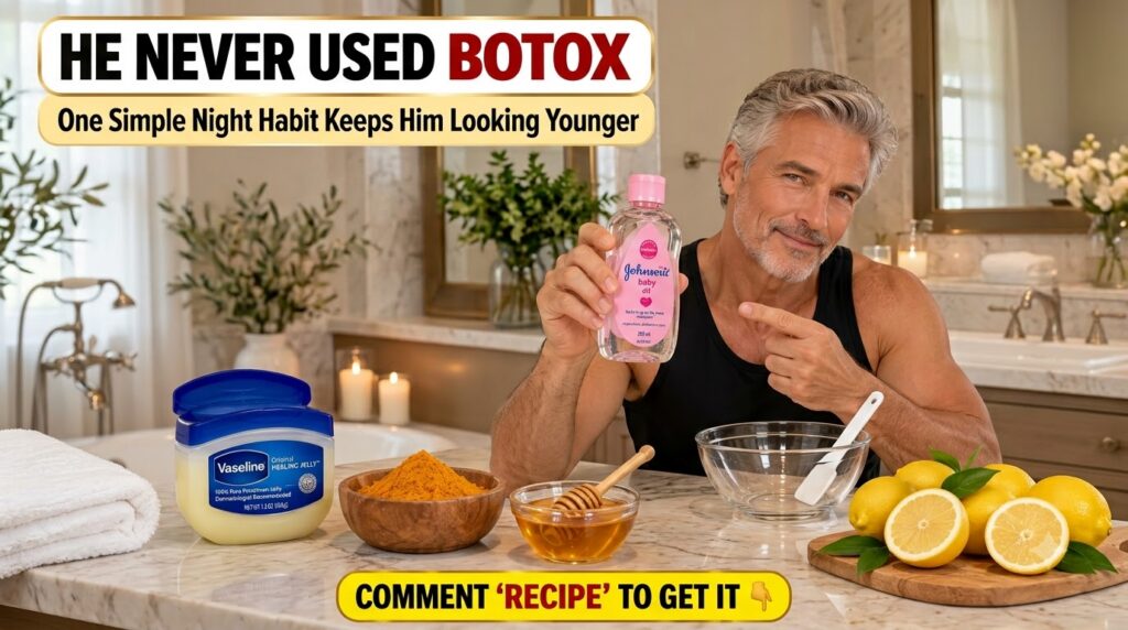 A charismatic middle-aged man with gray hair smiling and holding a bottle of Johnson s baby oil pointing to a collection