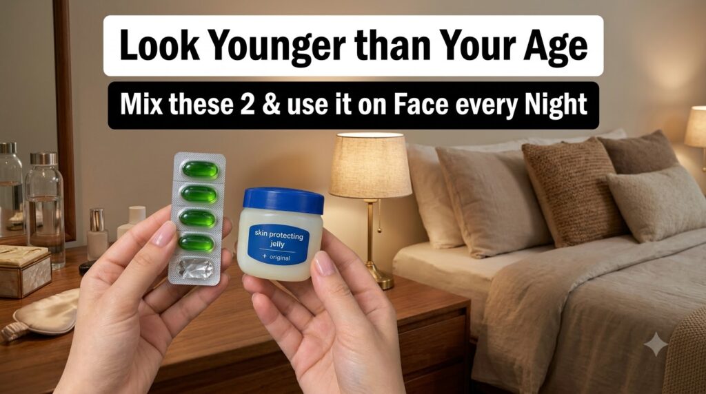 Two hands holding a blister pack of green capsules and a small white jar of Vaseline skin protecting jelly with text ove