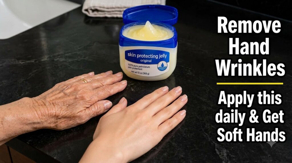 A split image showing an aged wrinkled hand on the left and a smoother younger-looking hand on the right with a tub of p