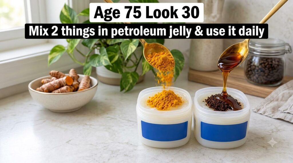 Two open jars of Vaseline with ingredients being mixed in yellow turmeric powder in one and dark liquid powder in the ot