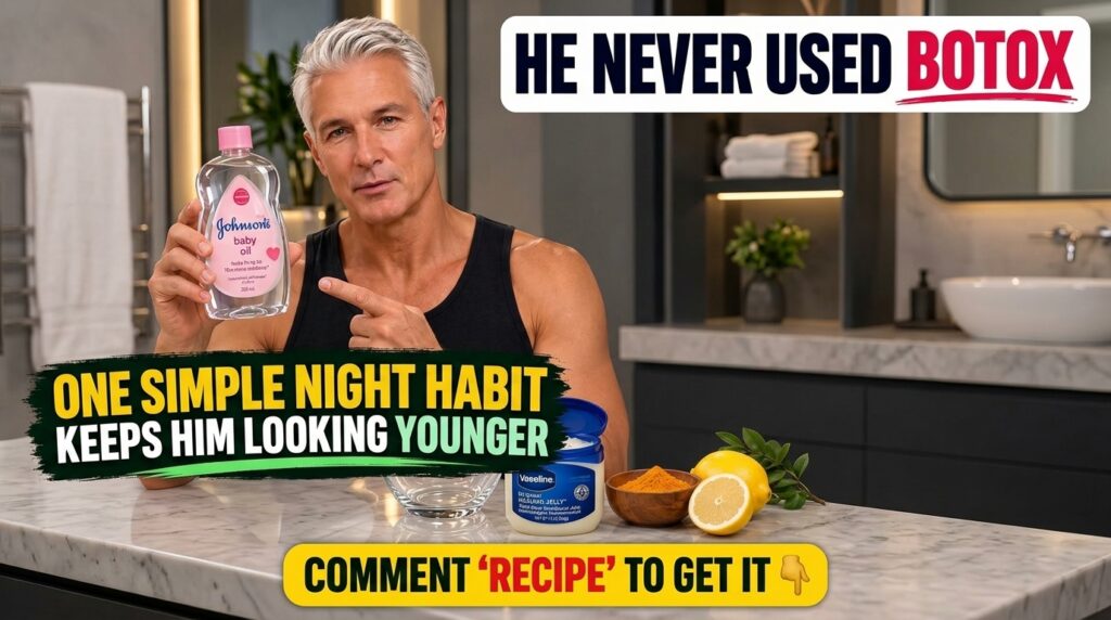 A middle-aged man with gray hair holds a bottle of Johnson s baby oil pointing to it On a marble countertop are an open 