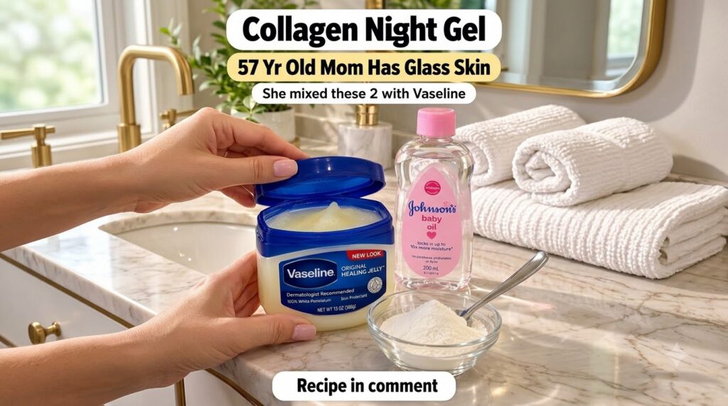 A hand holding an open jar of Vaseline next to a bottle of Johnson s Baby Oil and a small glass bowl of white collagen p