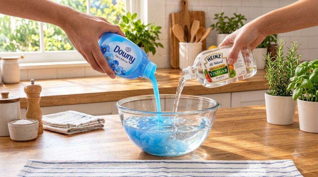 A pair of hands mixing white vinegar and water in a clear spray bottle on a kitchen counter There are lemons and a small