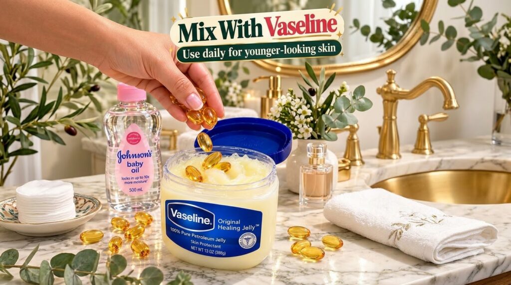 A hand gently dropping golden oil capsules into a jar of Vaseline petroleum jelly on a marble surface