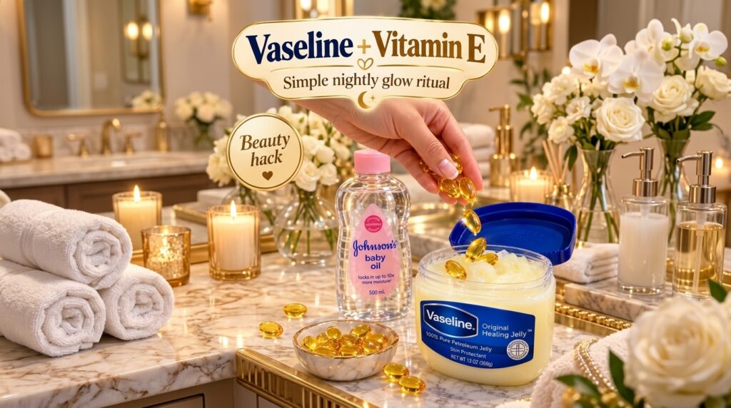 A hand dropping golden Vitamin E capsules into a jar of Vaseline with a bottle of baby oil and more capsules in a dish n