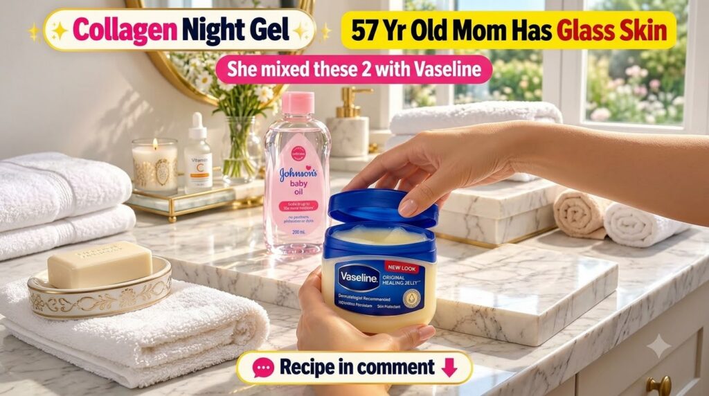 A person s hands holding an open jar of Vaseline Original Healing Jelly and a bottle of Johnson s baby oil on a marble b