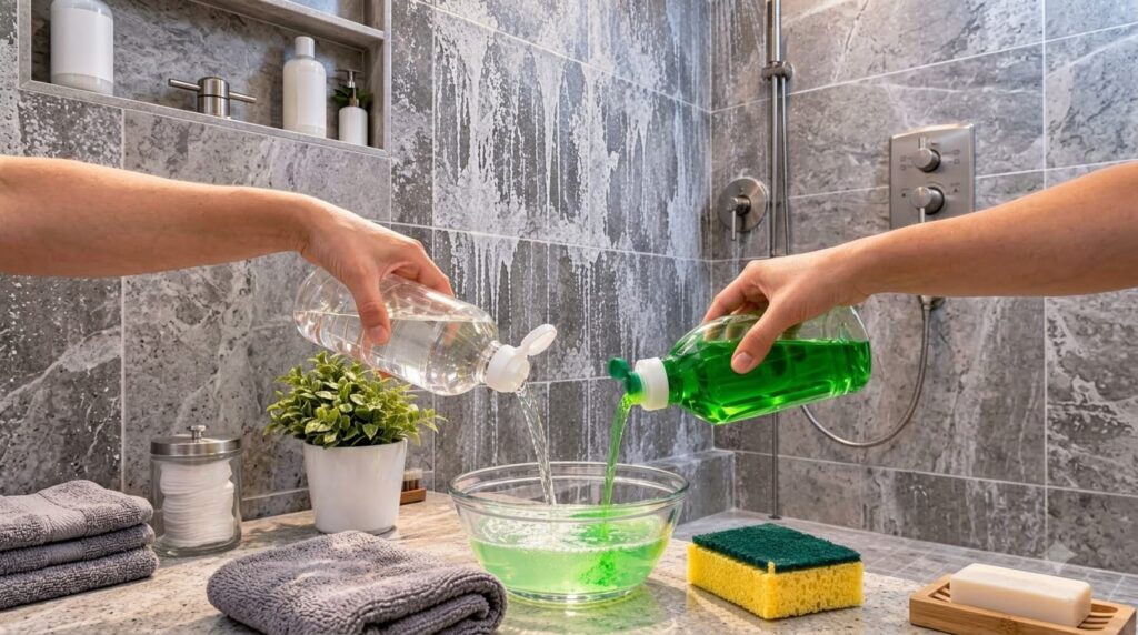 Hands pouring green dish soap and clear vinegar from bottles into a glass bowl with a tiled shower wall with white foamy