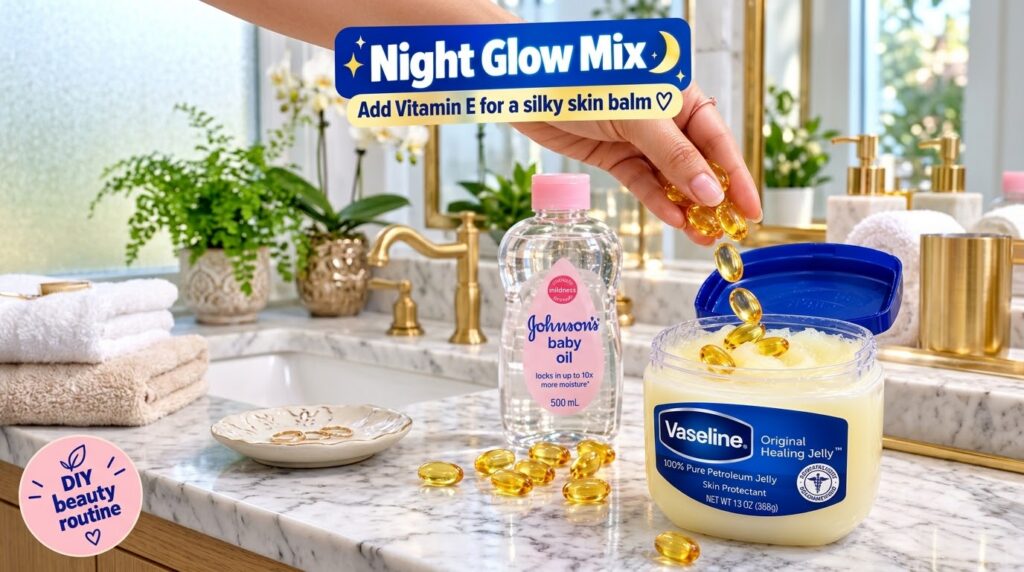 A hand dropping golden vitamin E capsules into a jar of Vaseline petroleum jelly with a bottle of baby oil nearby on a m