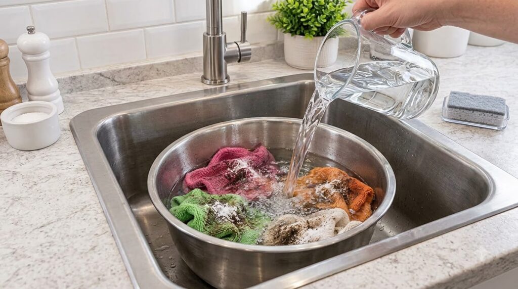 Mano vertiendo agua caliente sobre paños de microfibra sucios en un recipiente de acero inoxidable creando salpicaduras 