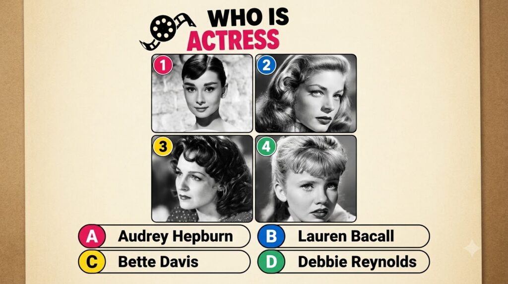 A black and white portrait quiz image featuring four iconic Hollywood actresses Audrey Hepburn Grace Kelly Elizabeth Tay