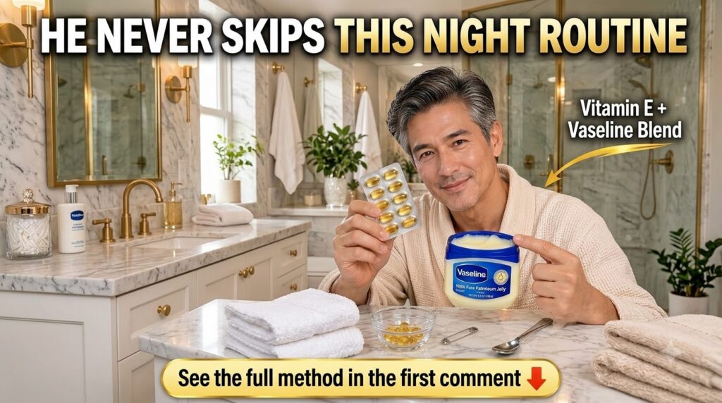 A smiling middle-aged man in a beige robe holds up a blister pack of golden Vitamin E capsules and points to an open tub