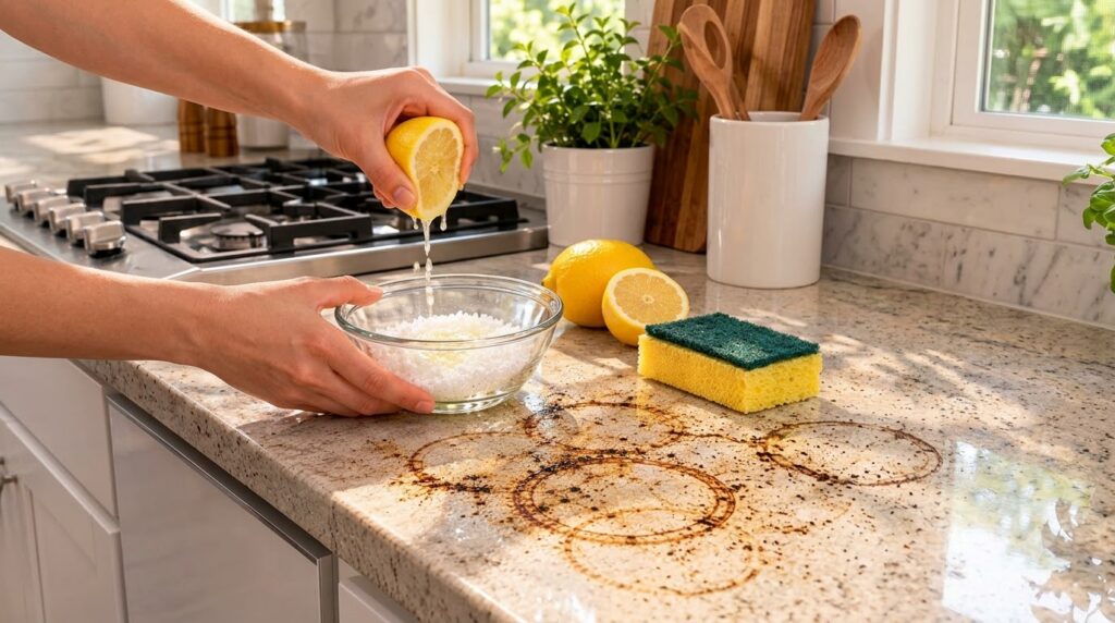 Hands squeezing a lemon with juice dripping into a bowl of salt on a dirty kitchen countertop with ring stains