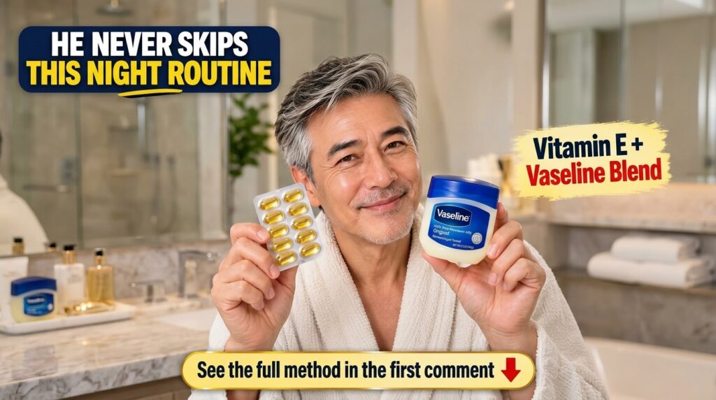 A smiling older man with salt-and-pepper hair wearing a white bathrobe holding a blister pack of yellow Vitamin E gel ca