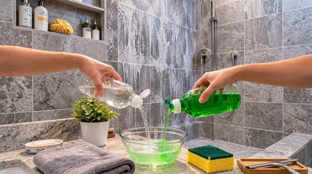 Hands pouring clear liquid white vinegar and green dish soap into a glass bowl creating a bubbly green mixture with a sh