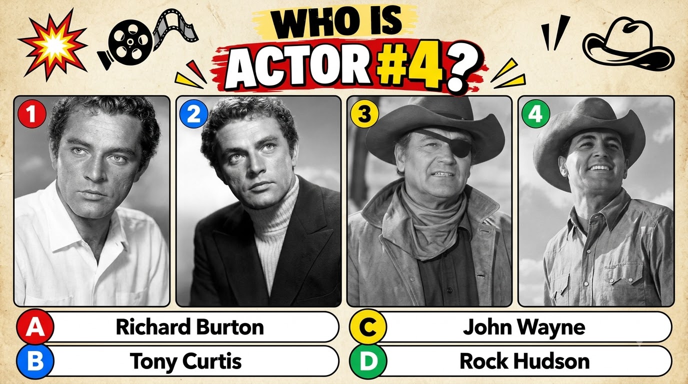 A black and white image of a multiple-choice quiz showing four classic Hollywood male actors with one highlighted as Act