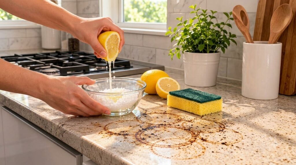 A person s hands squeezing a lemon half with juice dripping into a bowl of salt on a stained kitchen counter