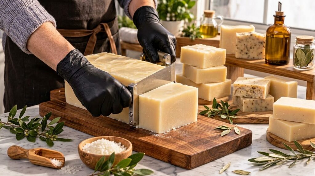 A close-up of a person wearing black gloves cutting a loaf of natural handmade soap into bars on a wooden board with a s