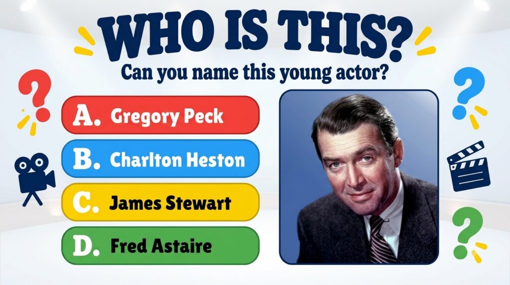 A retro-styled quiz poster featuring a central portrait of actor James Stewart surrounded by colorful question marks and