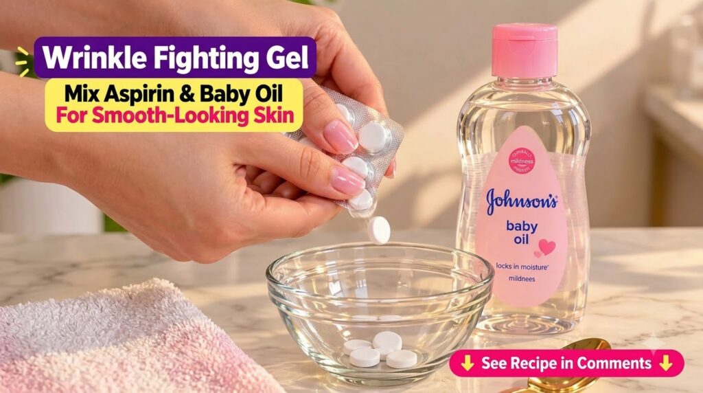 Hands pressing an aspirin tablet out of a blister pack falling into a glass bowl next to a bottle of baby oil on a marbl