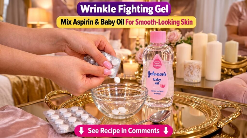 A close-up of hands with pink manicured nails crushing a white aspirin pill into a small clear glass bowl with a spoon A