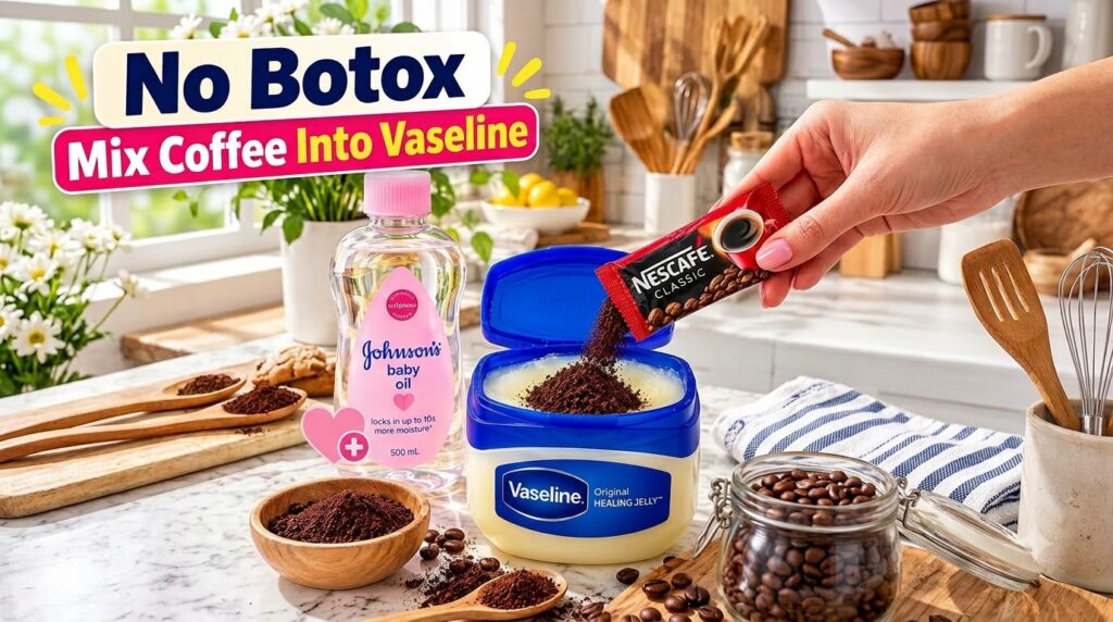 A close-up shot of a hand mixing coffee grounds into a small jar of Vaseline on a clean kitchen counter There are scatte