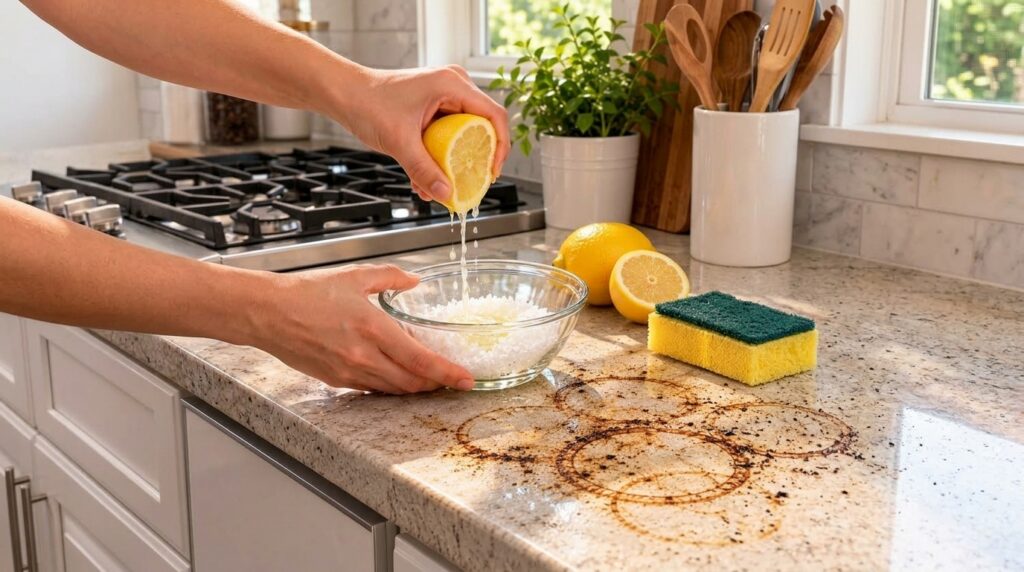 Hands squeezing fresh lemon juice into a bowl of salt on a kitchen counter with a sponge and dark stains visible illustr