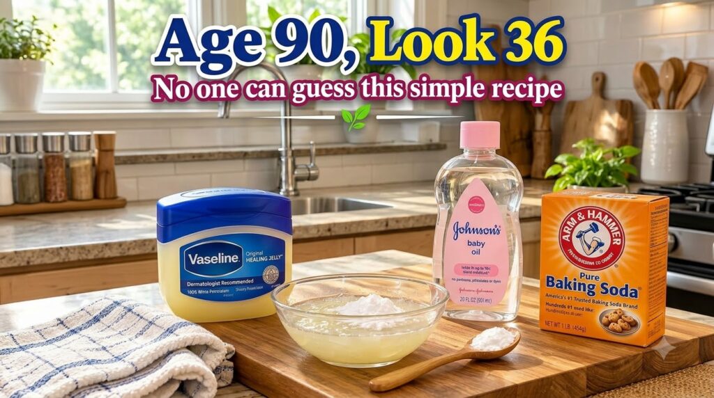 A collection of household beauty products Vaseline baby oil and baking soda neatly arranged on a rustic wooden cutting b