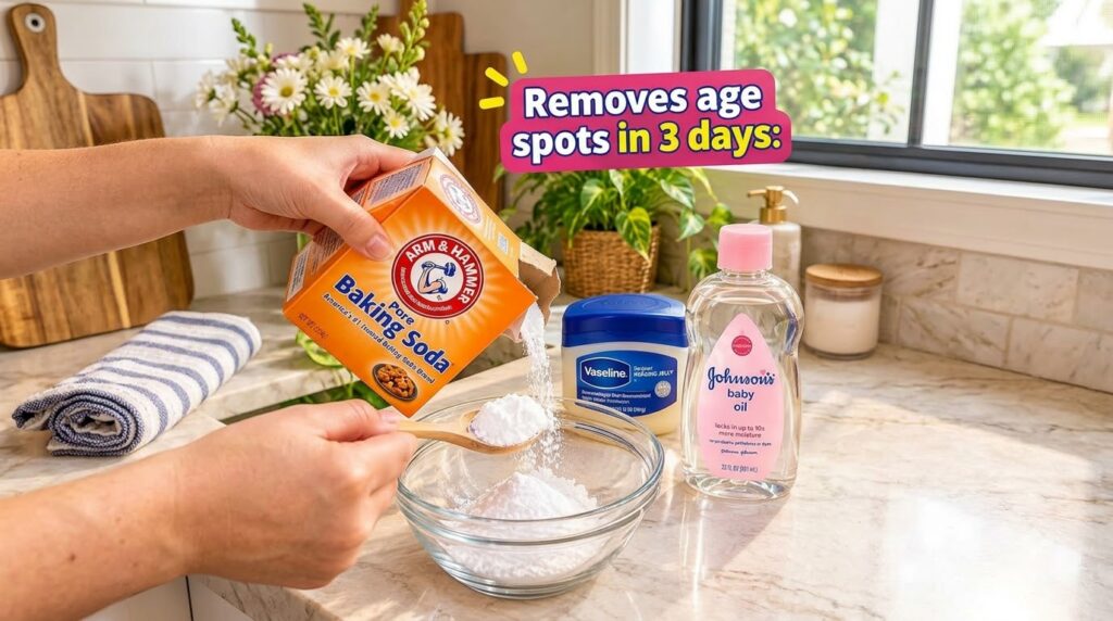 Hands pouring baking soda into a glass bowl with a wooden spoon alongside a jar of Vaseline and a bottle of Johnson s Ba