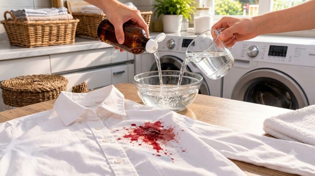 Two hands are pouring liquids from a brown bottle and a measuring cup into a glass bowl filled with water creating subtl